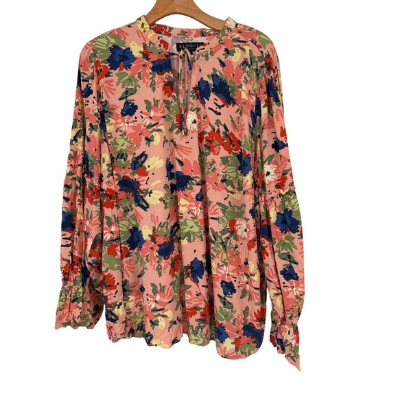 Eloquii Womens blouse top size 20 Floral Print Long Sleeve Blouse plus peach - Picture 2 of 7